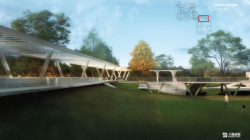 风雨长廊效果图极具设计感的三角形支撑长廊与休闲景观亭,不仅成为