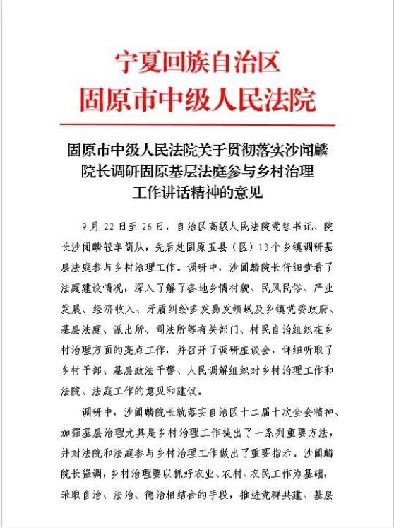 意见贯彻落实沙闻麟院长调研固原基层法庭参与乡村治理工作讲话精神