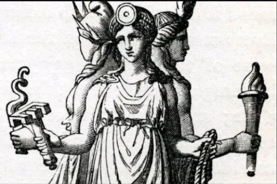 菲碧代表新月,赛勒涅代表满月,阿尔忒弥斯代表弯月,赫卡忒代表冥月