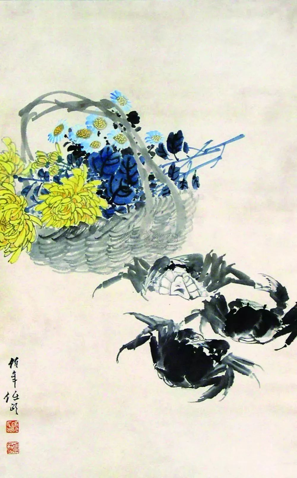 海派绘画大师任伯年作品"菊蟹图"