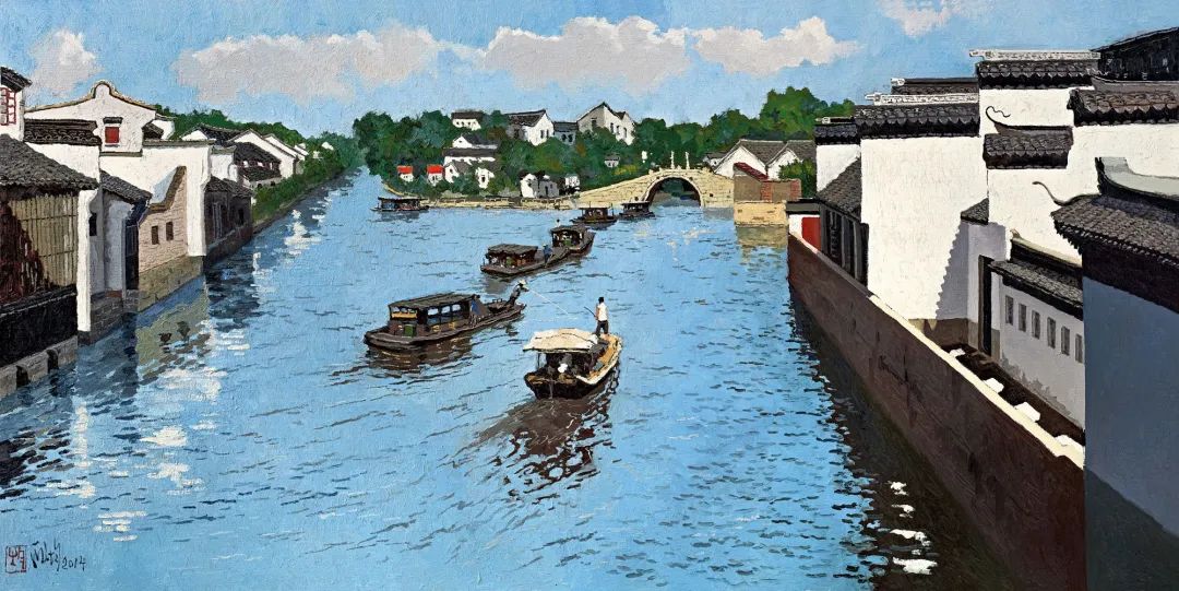 庞均《小舟从此逝,江海寄余生》 布面油画 90×180cm 2014年作 估价