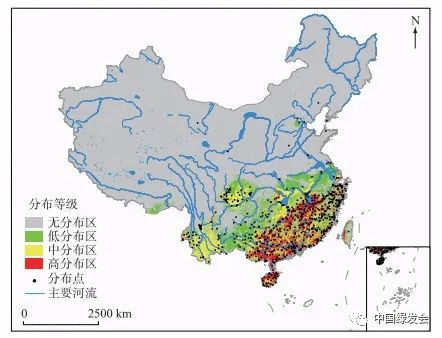 (基于maxent模型预测的2017年福寿螺潜在分布区,图源《周宇 袁雪颖