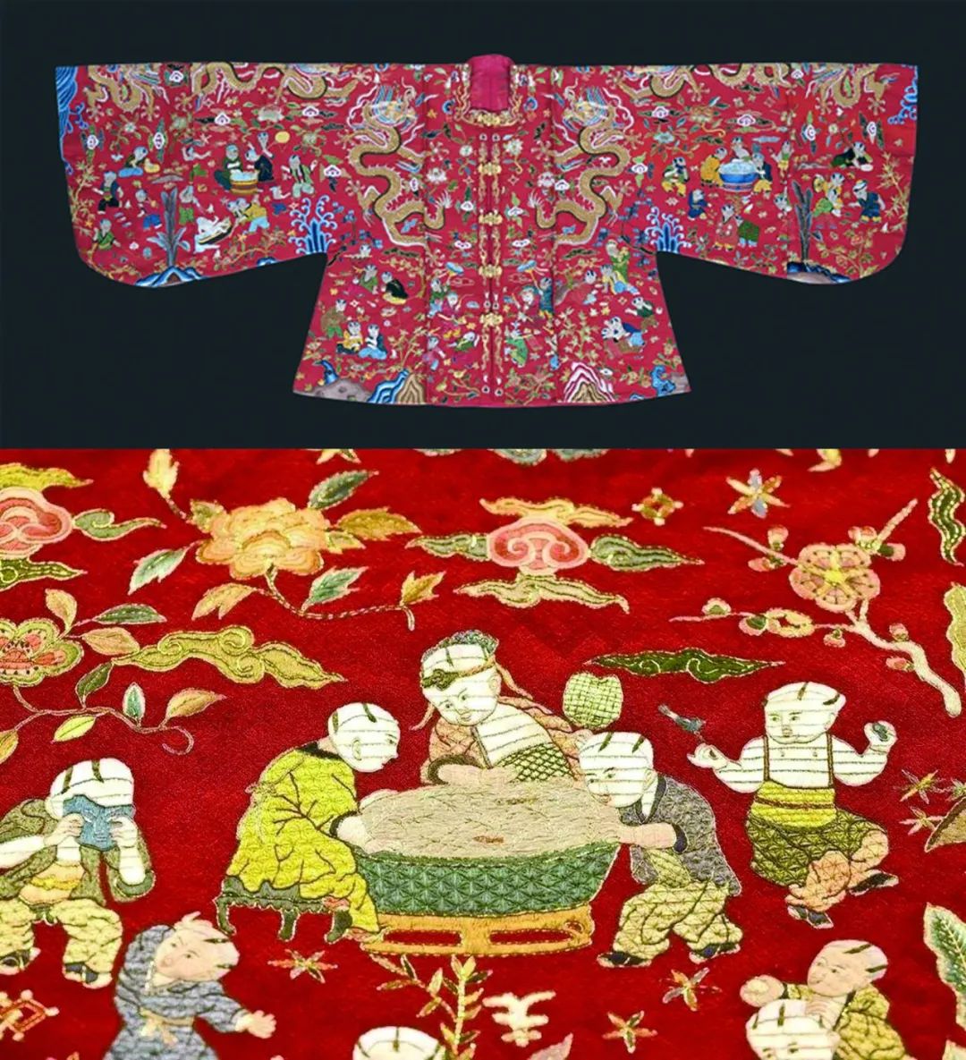 scope艺术客明定陵出土的"洒线绣百子戏女夹衣",孝