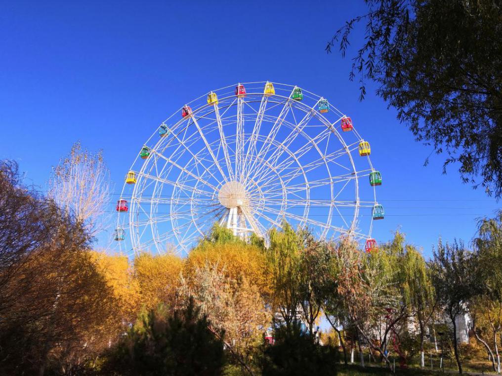 金秋十月,天气转凉,玉门市玉泽湖景区碧空如洗,波光潋滟,树叶渐渐由绿