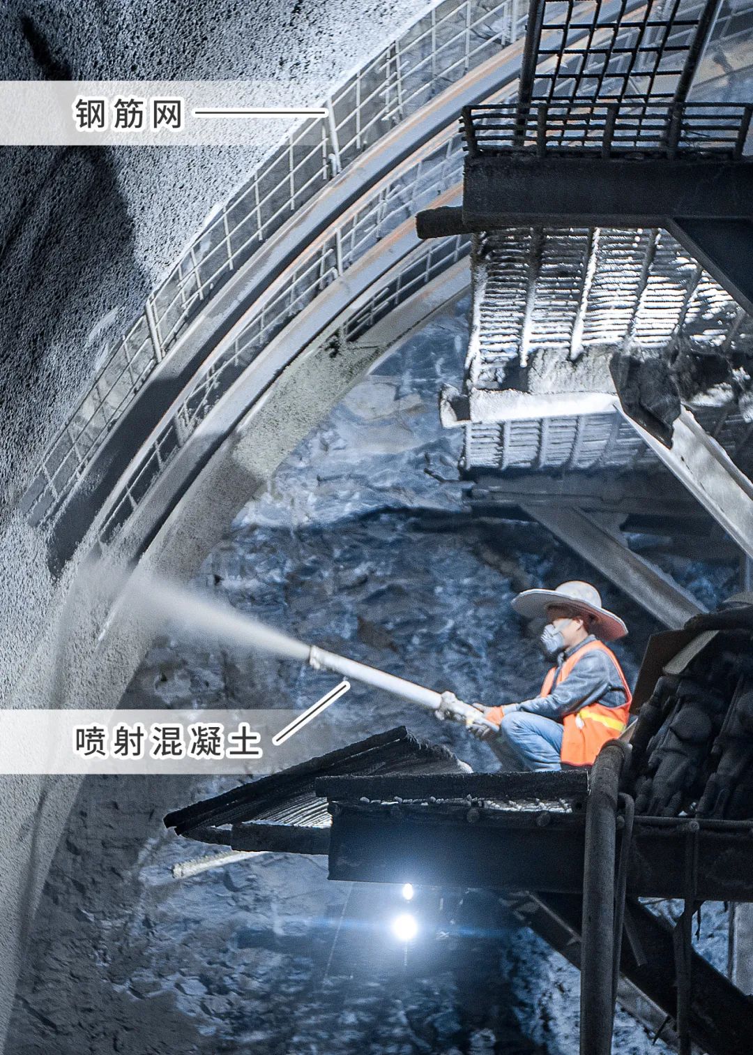 喷射一层混凝土再布设一圈钢筋网工人们先在隧道岩体中打入锚杆后来