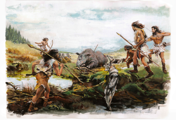 狩猎印度野牛和苏门答腊犀牛的场景复原图史前人类向青藏高原扩散的