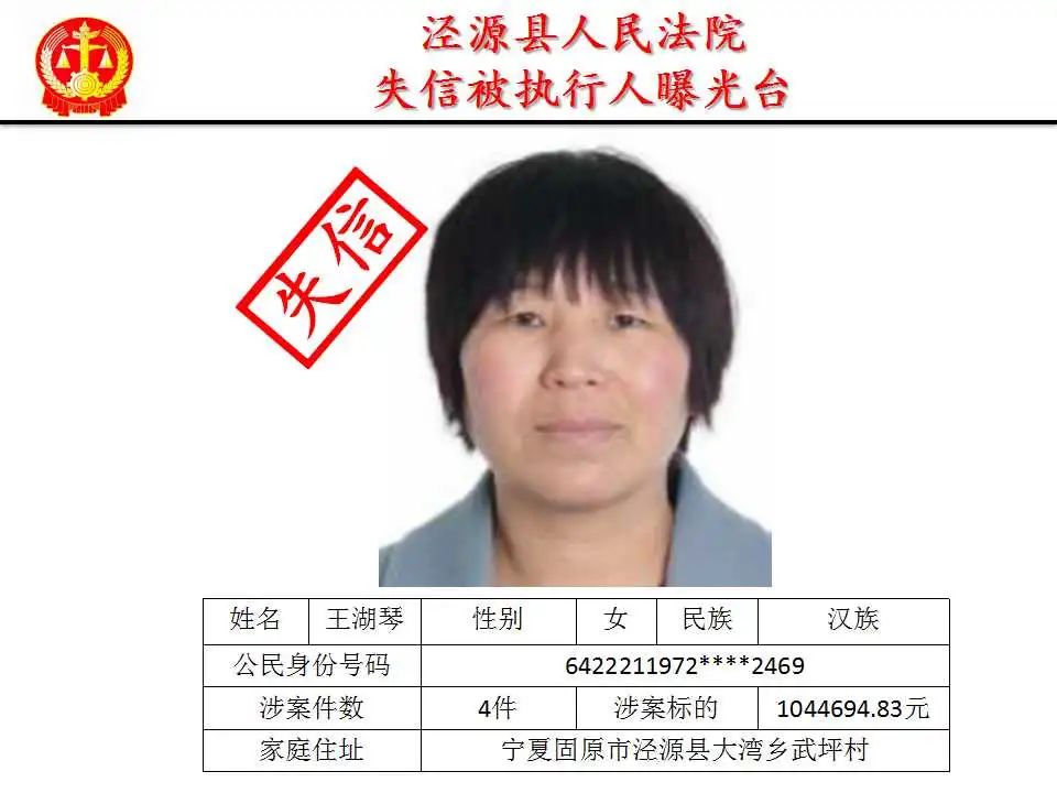 宁夏回族自治区泾源县人民法院关于公布失信被执行人名单公告