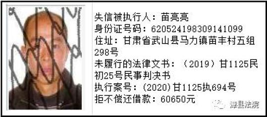 漳县人民法院失信被执行人名单发布2020第六期