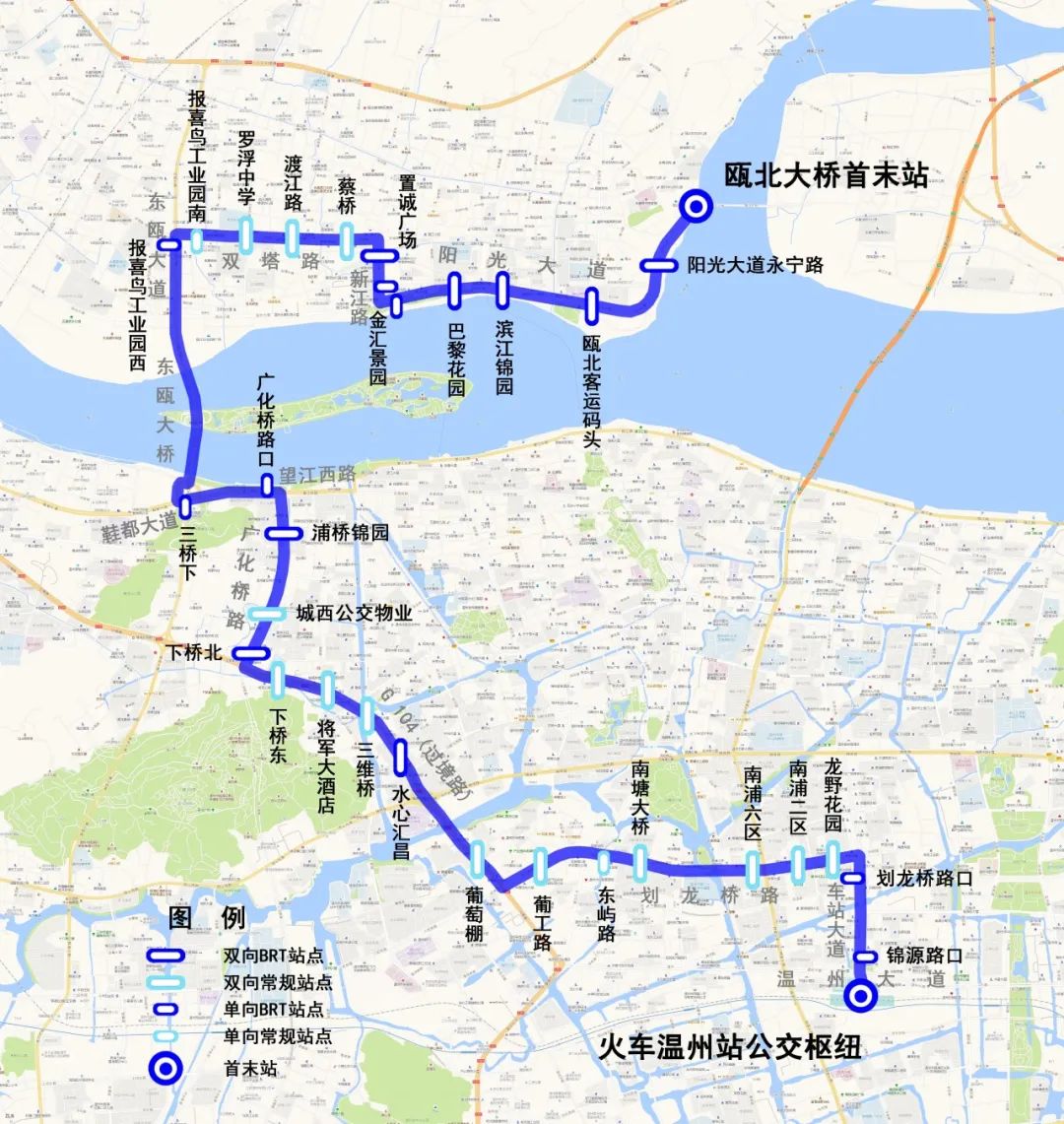 线路图由火车温州站公交枢纽始发,沿途设锦源路口(往行),划龙桥路口