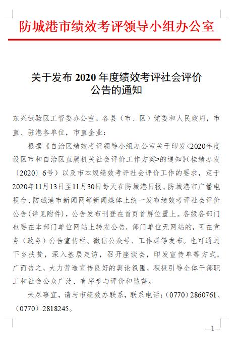 关于发布2020年度绩效考评社会评价公告的通知