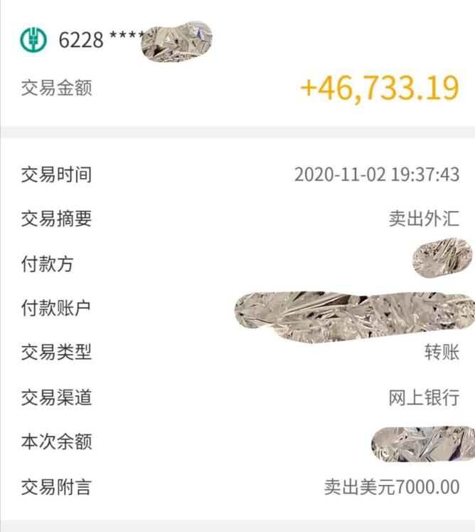 没收到钱，手机却连续收到几条农业银行卡完成买入外汇交易美元的信息。王某感觉不对劲，联系银行客服查询得