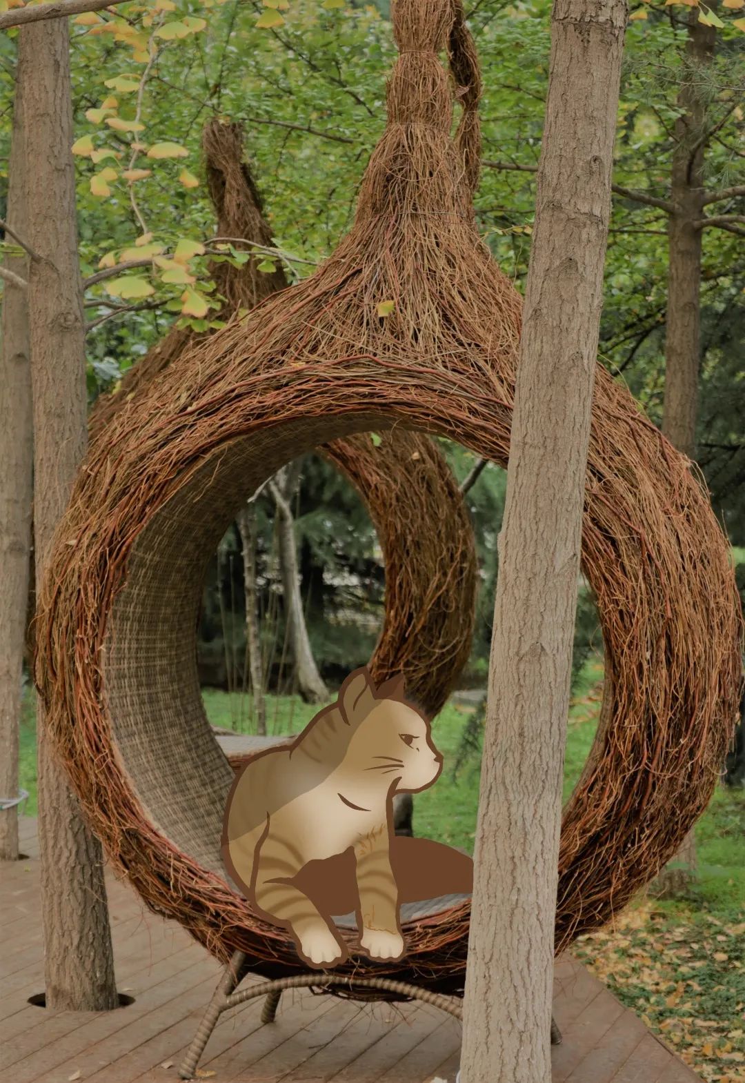 静谧的林中秋千旁 在没有人打扰时 它就趴在座位上 享受美好的一天